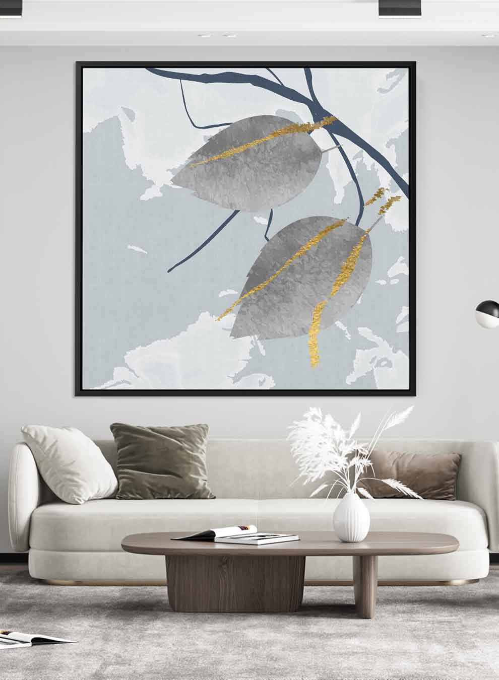 Square Canvas Wall Art Stretched Over Wooden Frame with Black Floating Frame and Leaves Abstract Painting Paintings & Pictures| LOWHA