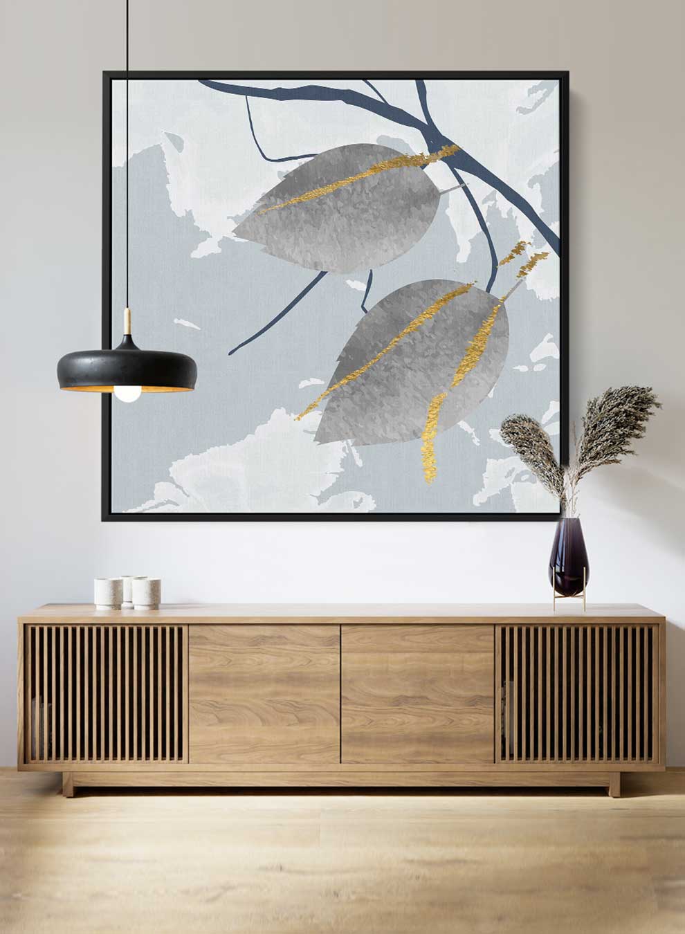 Square Canvas Wall Art Stretched Over Wooden Frame with Black Floating Frame and Leaves Abstract Painting Paintings & Pictures| LOWHA