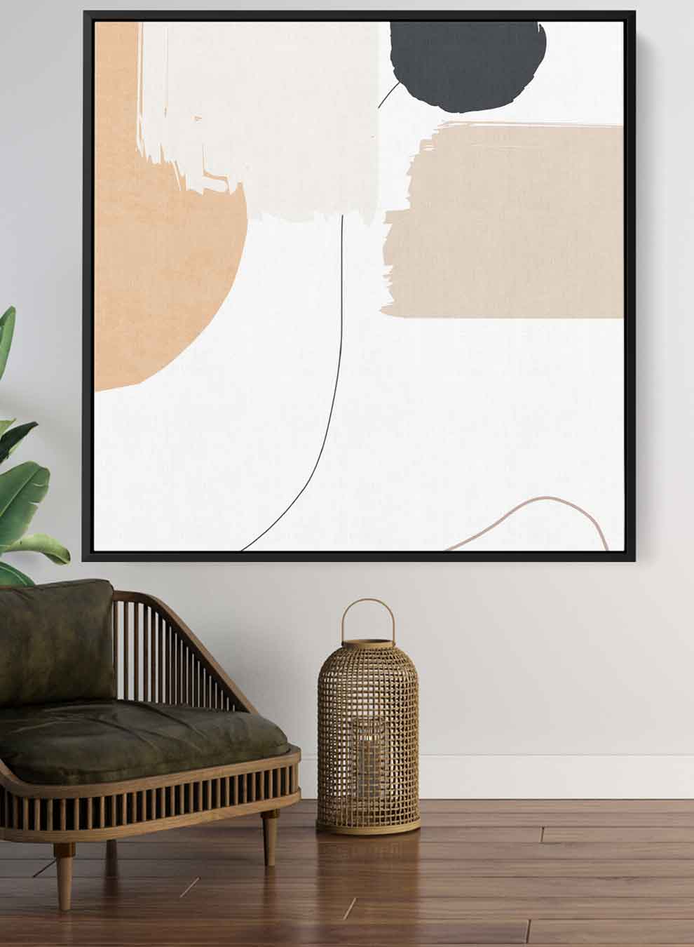 Square Canvas Wall Art Stretched Over Wooden Frame with Black Floating Frame and Light Abstract Art Paintings & Pictures| LOWHA