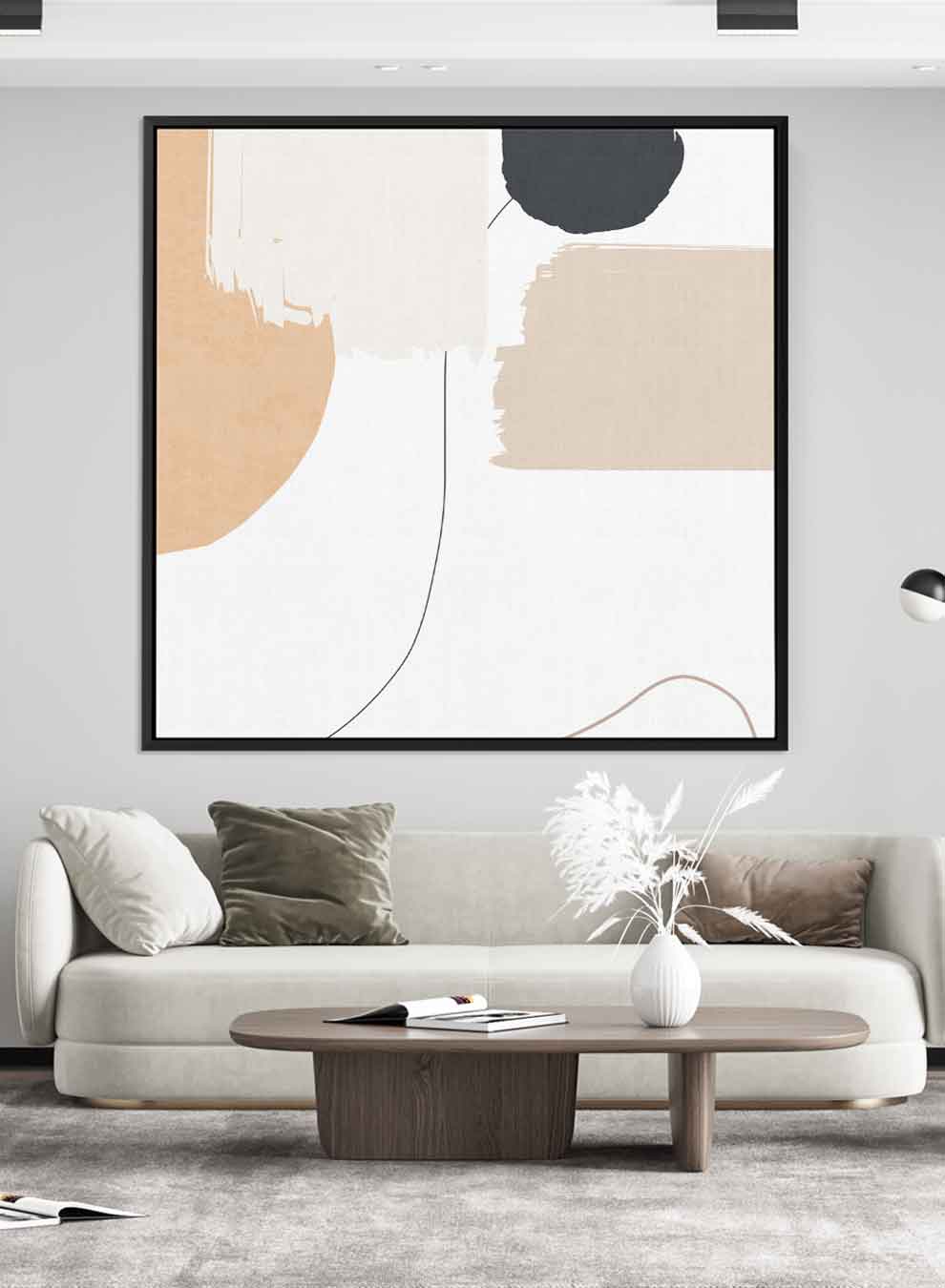 Square Canvas Wall Art Stretched Over Wooden Frame with Black Floating Frame and Light Abstract Art Paintings & Pictures| LOWHA
