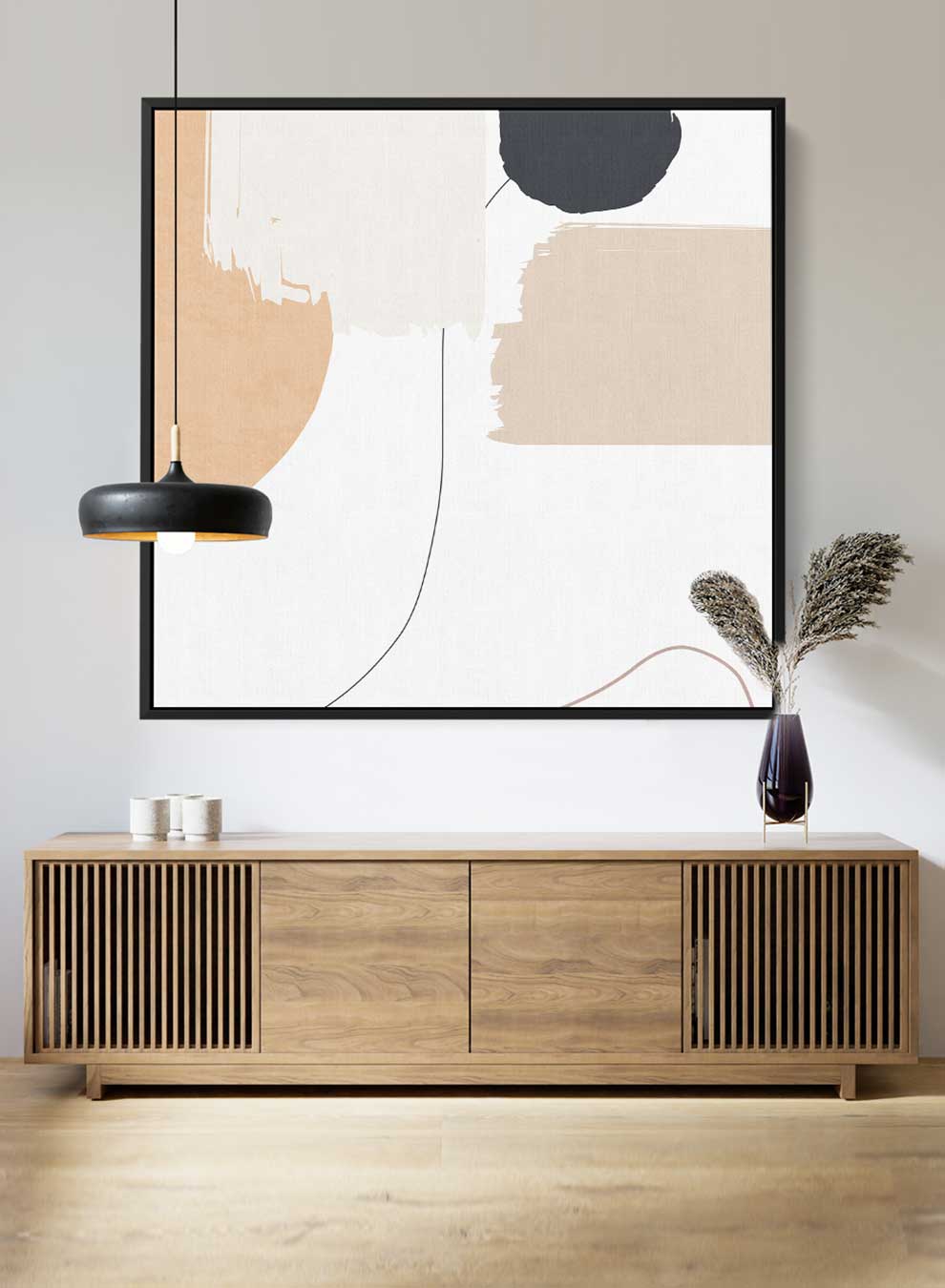 Square Canvas Wall Art Stretched Over Wooden Frame with Black Floating Frame and Light Abstract Art Paintings & Pictures| LOWHA