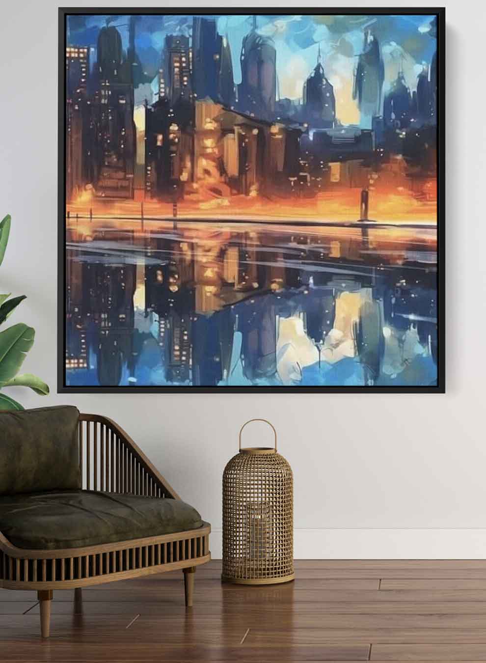 Square Canvas Wall Art Stretched Over Wooden Frame with Black Floating Frame and Man Walking In The City Painting Paintings & Pictures| LOWHA