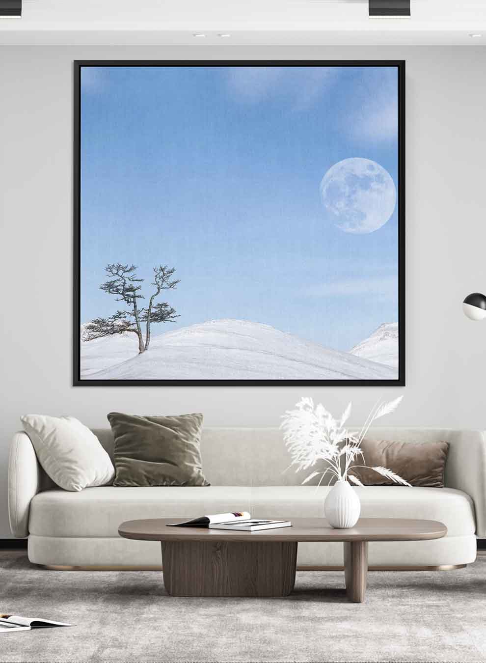 Square Canvas Wall Art Stretched Over Wooden Frame with Black Floating Frame and Moon On The Mountains Painting Paintings & Pictures| LOWHA