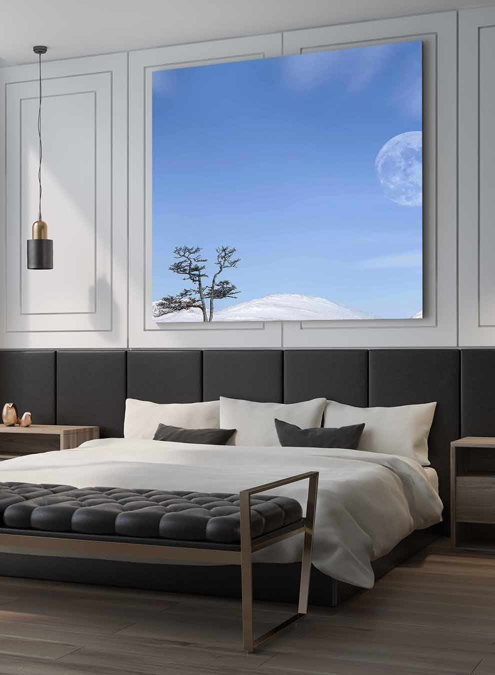 Square Canvas Wall Art Stretched Over Wooden Frame with Black Floating Frame and Moon On The Mountains Painting Paintings & Pictures| LOWHA