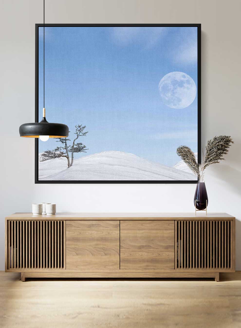 Square Canvas Wall Art Stretched Over Wooden Frame with Black Floating Frame and Moon On The Mountains Painting Paintings & Pictures| LOWHA
