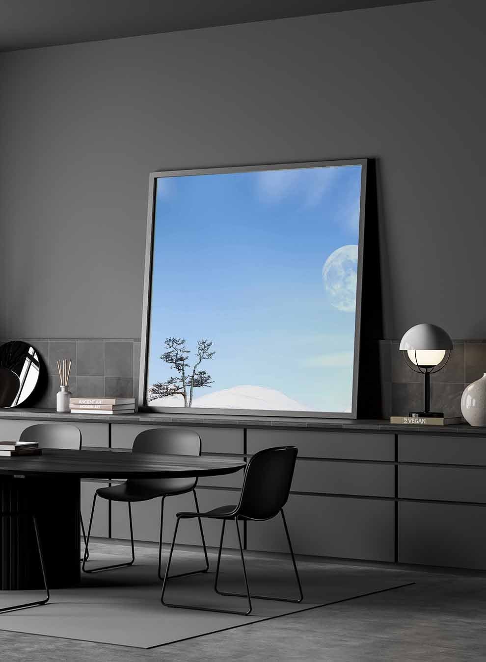 Square Canvas Wall Art Stretched Over Wooden Frame with Black Floating Frame and Moon On The Mountains Painting Paintings & Pictures| LOWHA