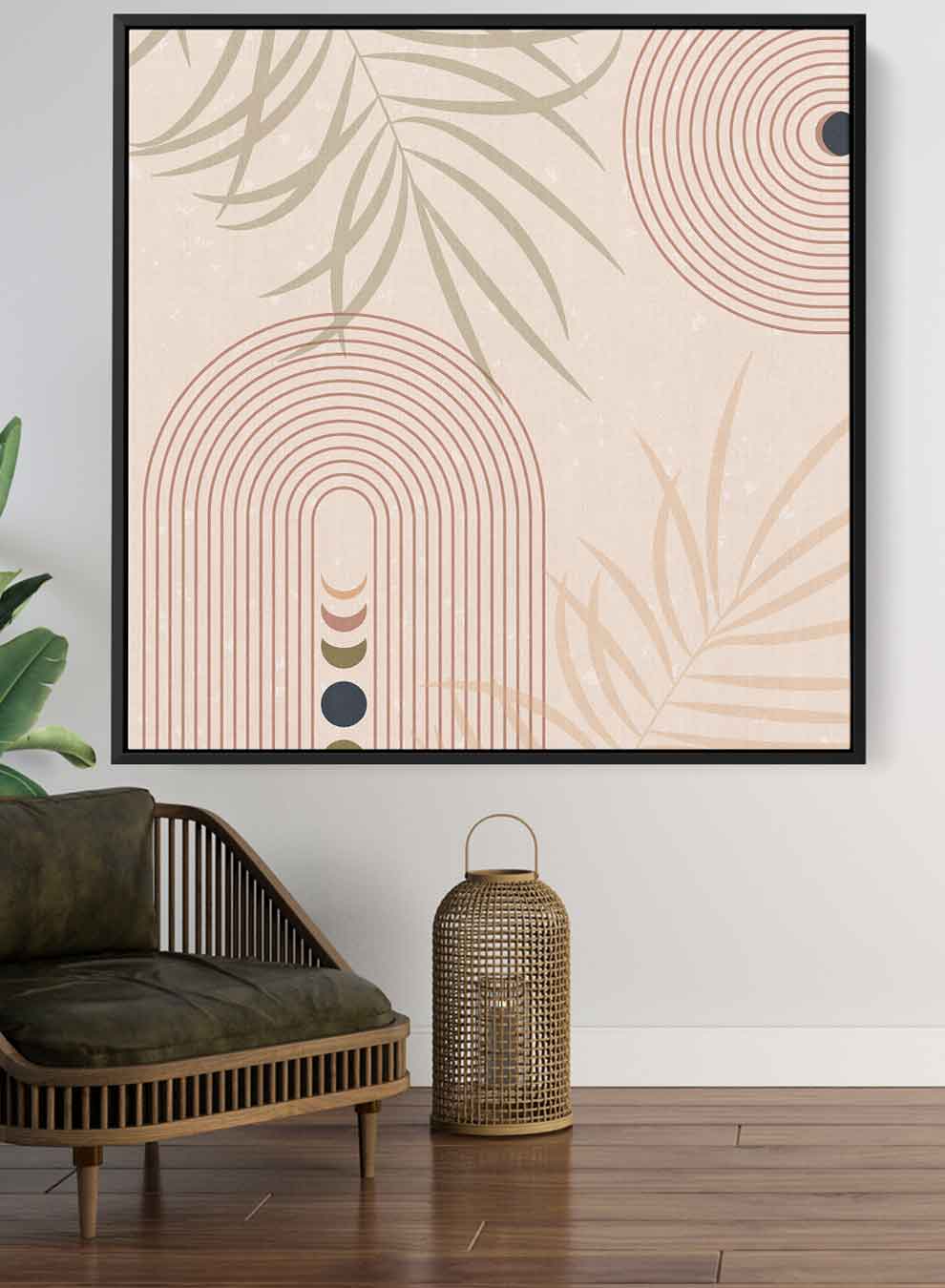 Square Canvas Wall Art Stretched Over Wooden Frame with Black Floating Frame and Moon Phases Abstract Painting Paintings & Pictures| LOWHA