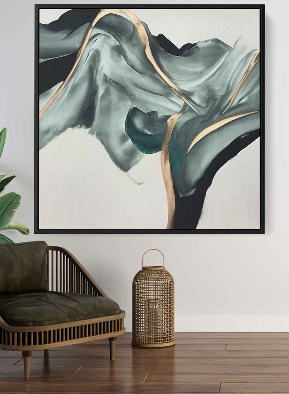 Square Canvas Wall Art Stretched Over Wooden Frame with Black Floating Frame and Mountain With Gold Stripes Painting Paintings & Pictures| LOWHA