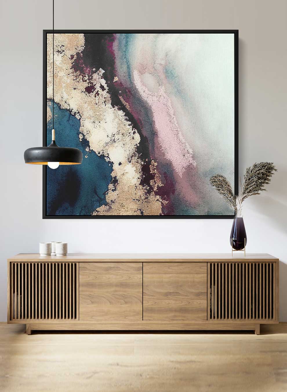 Square Canvas Wall Art Stretched Over Wooden Frame with Black Floating Frame and Multicolor Abstract Painting Paintings & Pictures| LOWHA