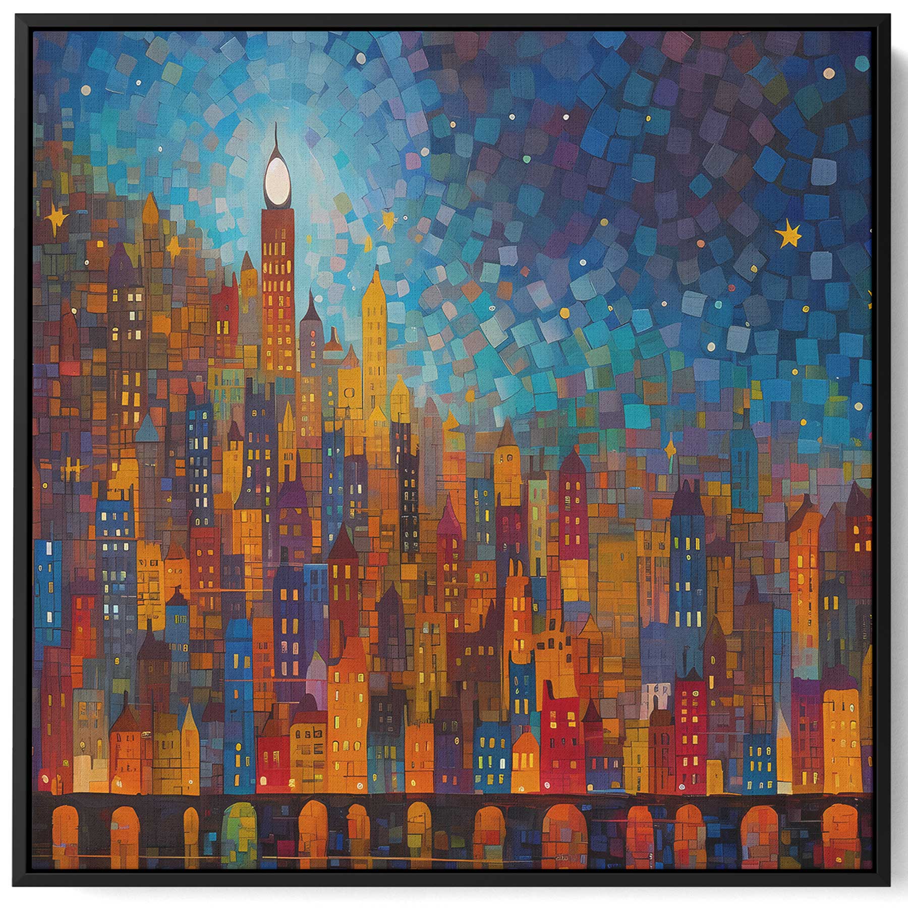Square Canvas Wall Art Stretched Over Wooden Frame with Black Floating Frame and Night On The City Painting Paintings & Pictures| LOWHA