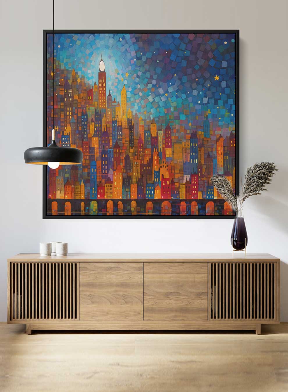 Square Canvas Wall Art Stretched Over Wooden Frame with Black Floating Frame and Night On The City Painting Paintings & Pictures| LOWHA