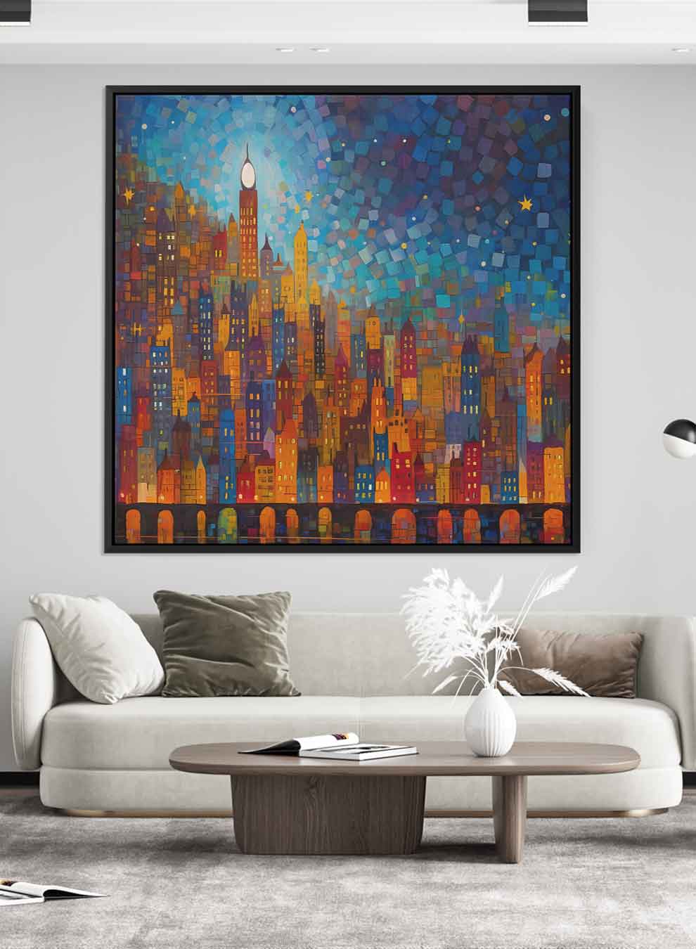 Square Canvas Wall Art Stretched Over Wooden Frame with Black Floating Frame and Night On The City Painting Paintings & Pictures| LOWHA