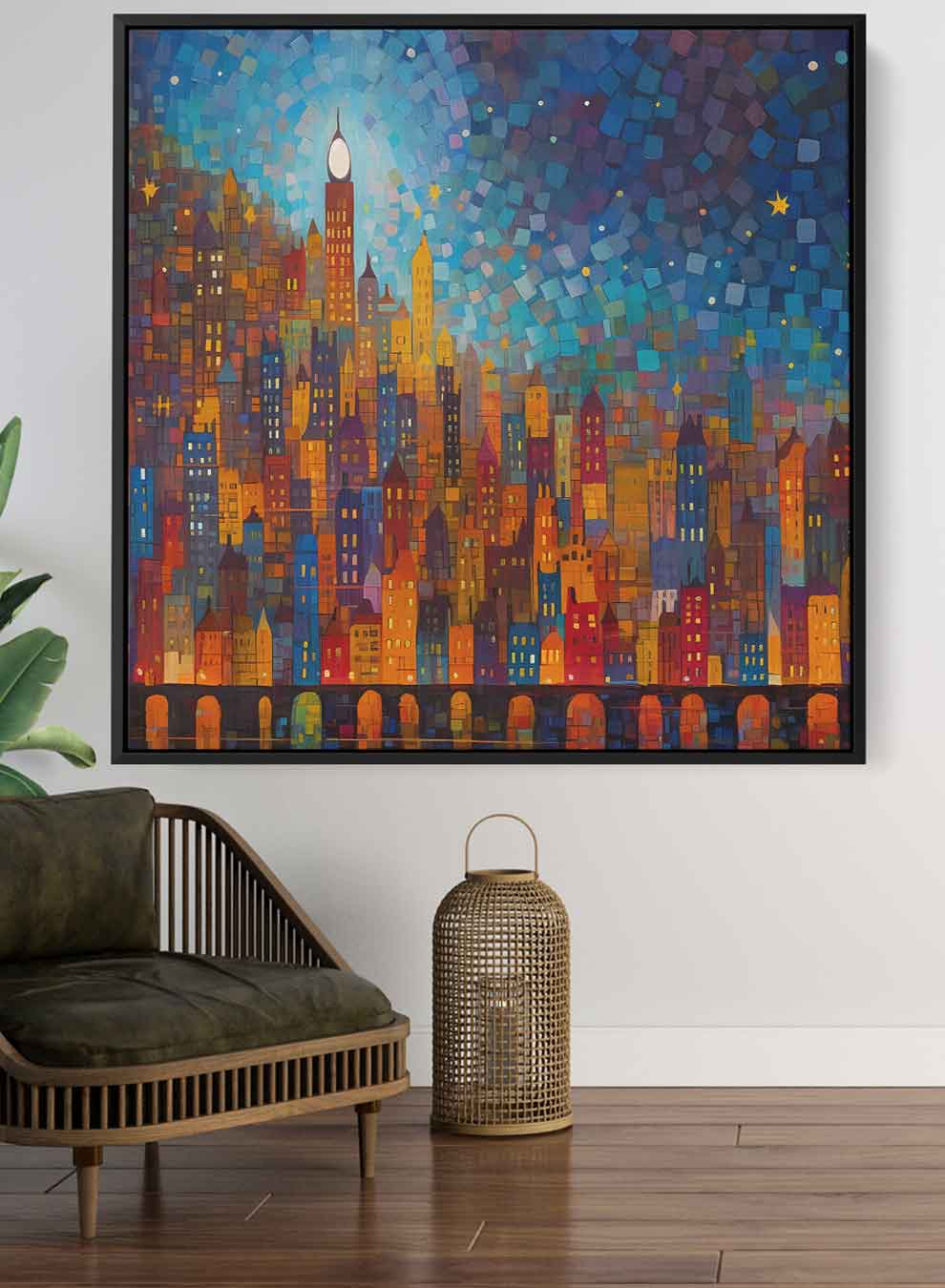 Square Canvas Wall Art Stretched Over Wooden Frame with Black Floating Frame and Night On The City Painting Paintings & Pictures| LOWHA