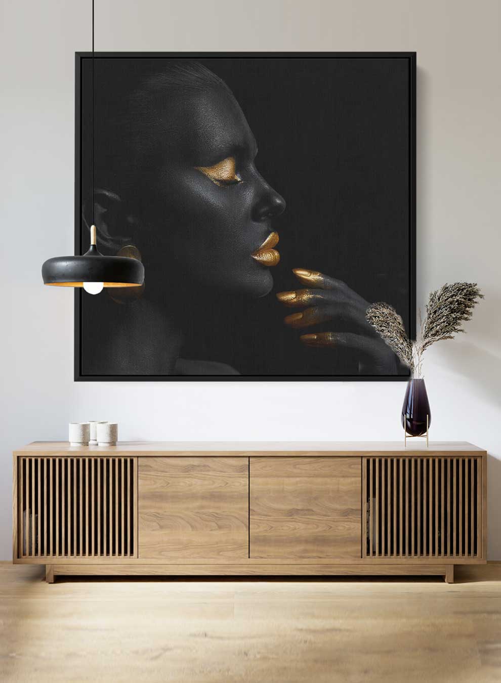 Square Canvas Wall Art Stretched Over Wooden Frame with Black Floating Frame and Pretty Woman With Gold Makeup Paintings & Pictures| LOWHA