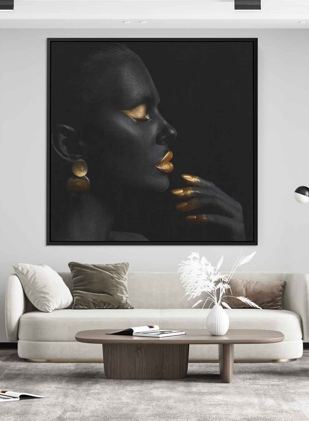 Square Canvas Wall Art Stretched Over Wooden Frame with Black Floating Frame and Pretty Woman With Gold Makeup Paintings & Pictures| LOWHA