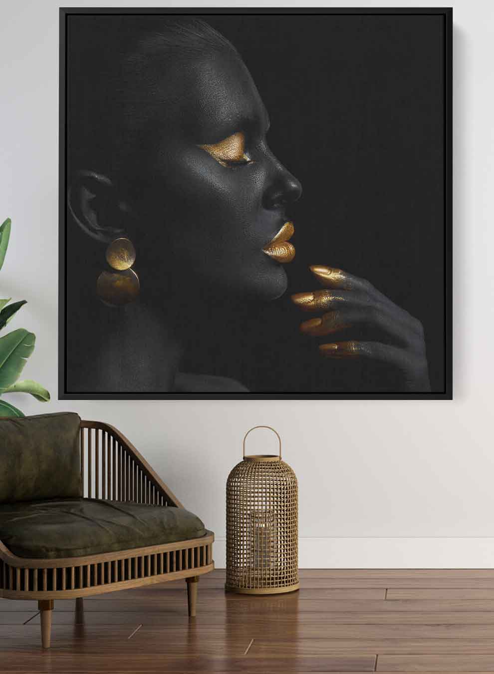 Square Canvas Wall Art Stretched Over Wooden Frame with Black Floating Frame and Pretty Woman With Gold Makeup Paintings & Pictures| LOWHA
