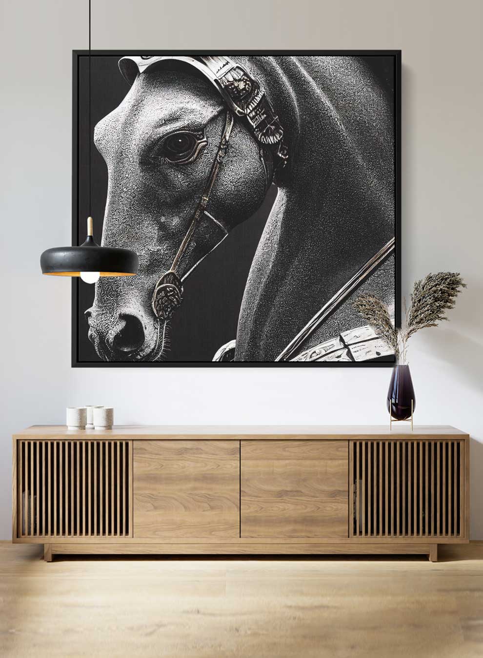 Square Canvas Wall Art Stretched Over Wooden Frame with Black Floating Frame and Royal Horse Painting Paintings & Pictures| LOWHA