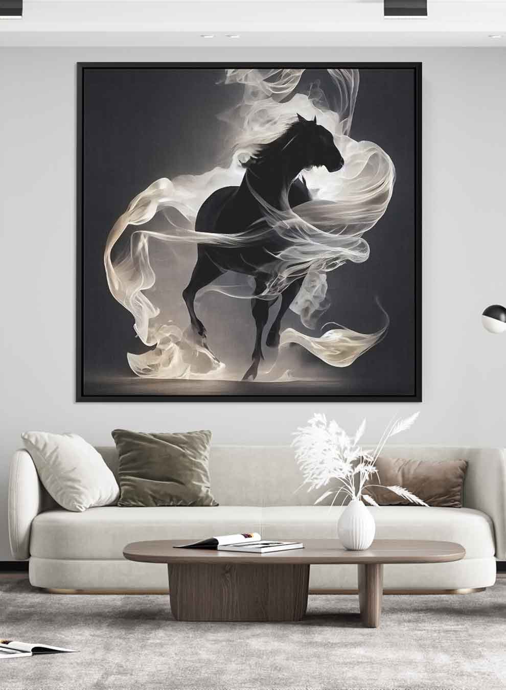 Square Canvas Wall Art Stretched Over Wooden Frame with Black Floating Frame and Running Horse Painting Paintings & Pictures| LOWHA