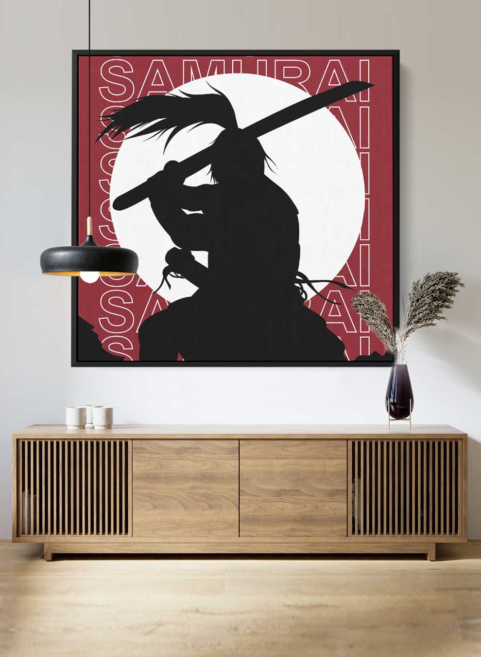Square Canvas Wall Art Stretched Over Wooden Frame with Black Floating Frame and Samurai Silhoutte Painting Paintings & Pictures| LOWHA