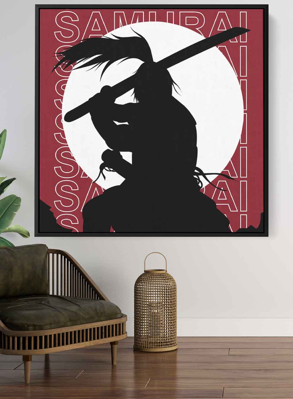 Square Canvas Wall Art Stretched Over Wooden Frame with Black Floating Frame and Samurai Silhoutte Painting Paintings & Pictures| LOWHA