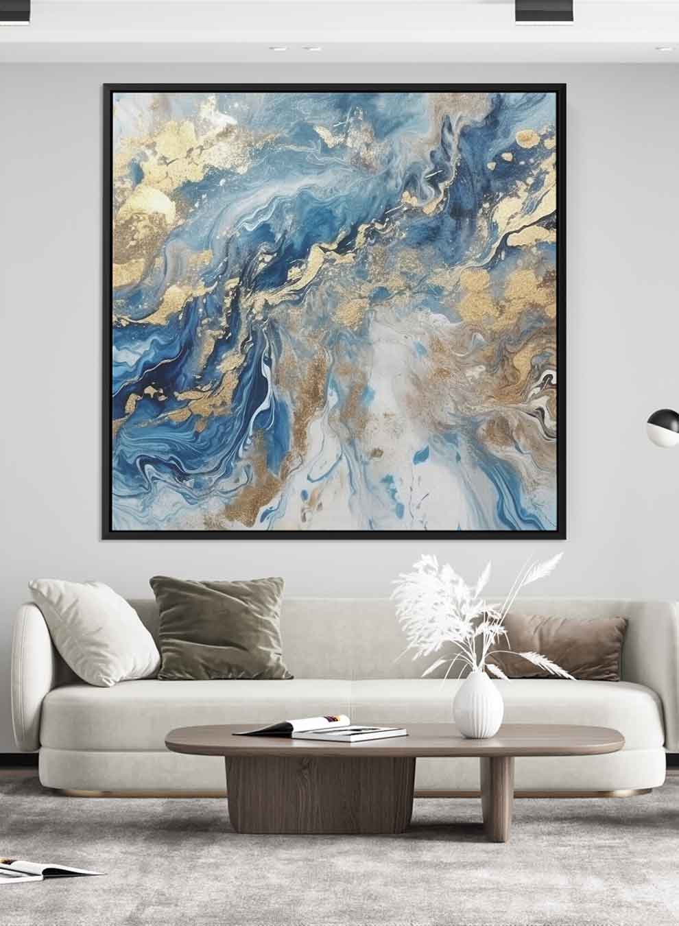Square Canvas Wall Art Stretched Over Wooden Frame with Black Floating Frame and Shades Of Blue Marble Painting Paintings & Pictures| LOWHA