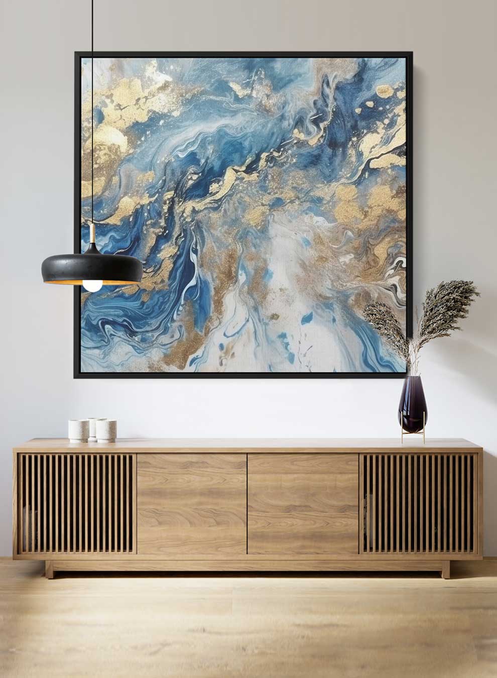 Square Canvas Wall Art Stretched Over Wooden Frame with Black Floating Frame and Shades Of Blue Marble Painting Paintings & Pictures| LOWHA