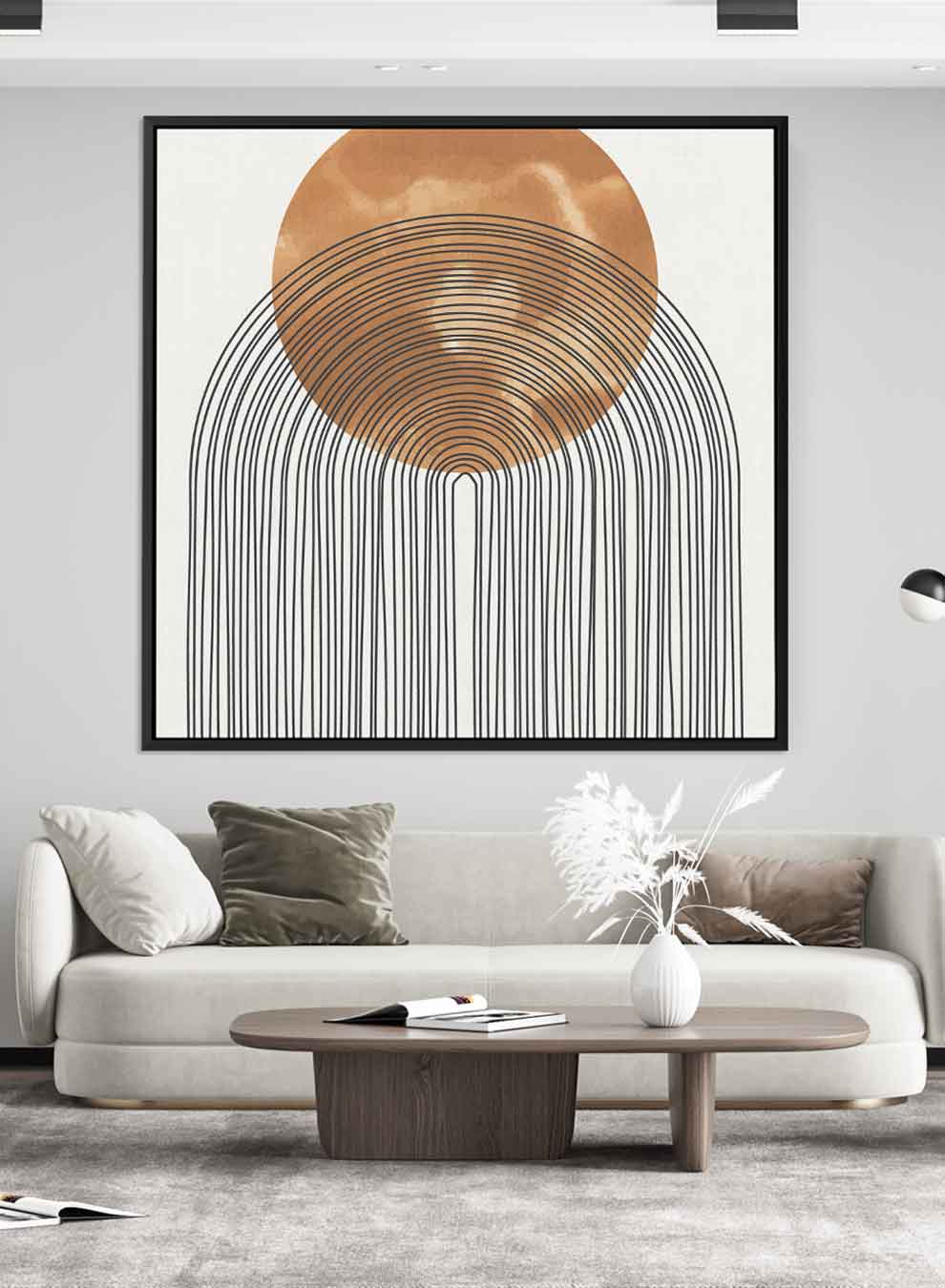 Square Canvas Wall Art Stretched Over Wooden Frame with Black Floating Frame and Sun With Curves Abstract Painting Paintings & Pictures| LOWHA