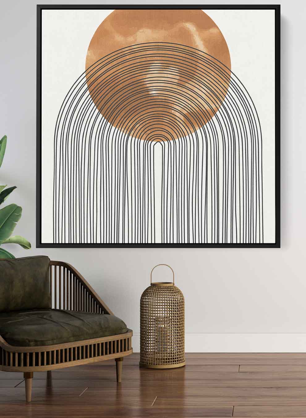 Square Canvas Wall Art Stretched Over Wooden Frame with Black Floating Frame and Sun With Curves Abstract Painting Paintings & Pictures| LOWHA