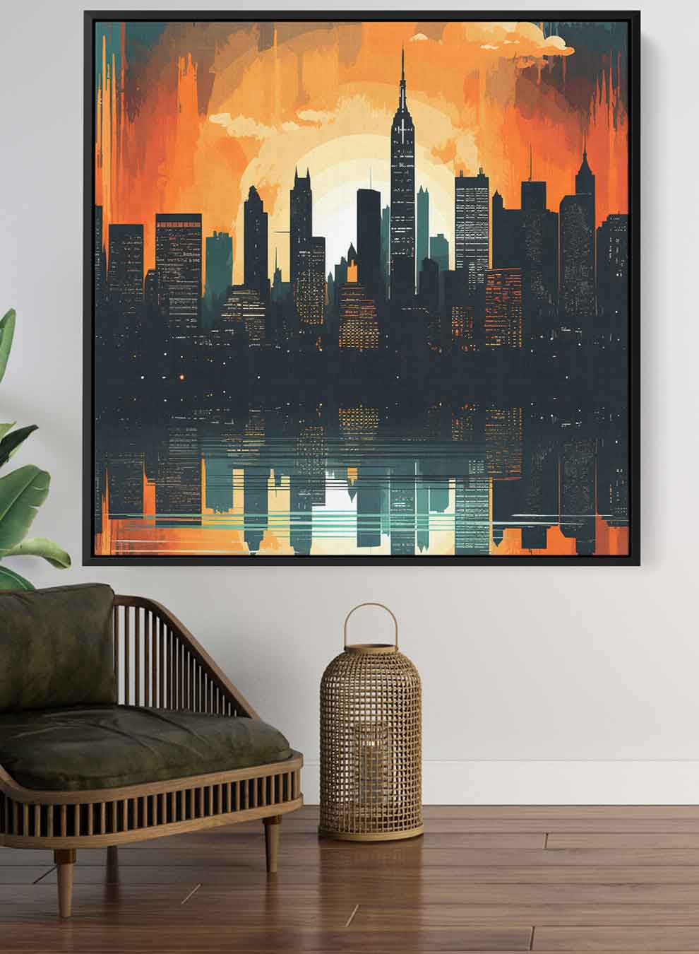 Square Canvas Wall Art Stretched Over Wooden Frame with Black Floating Frame and Sunset On Manhattan Painting Paintings & Pictures| LOWHA