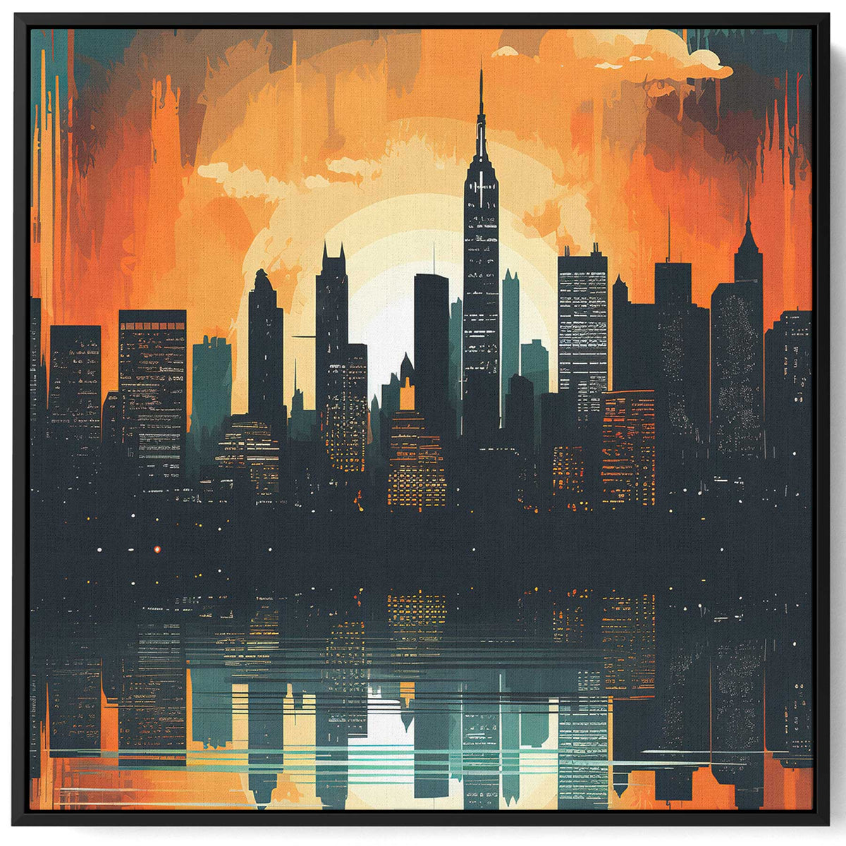 Square Canvas Wall Art Stretched Over Wooden Frame with Black Floating Frame and Sunset On Manhattan Painting Paintings & Pictures| LOWHA