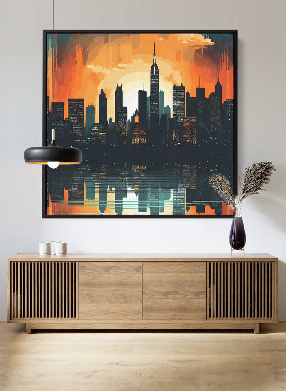 Square Canvas Wall Art Stretched Over Wooden Frame with Black Floating Frame and Sunset On Manhattan Painting Paintings & Pictures| LOWHA