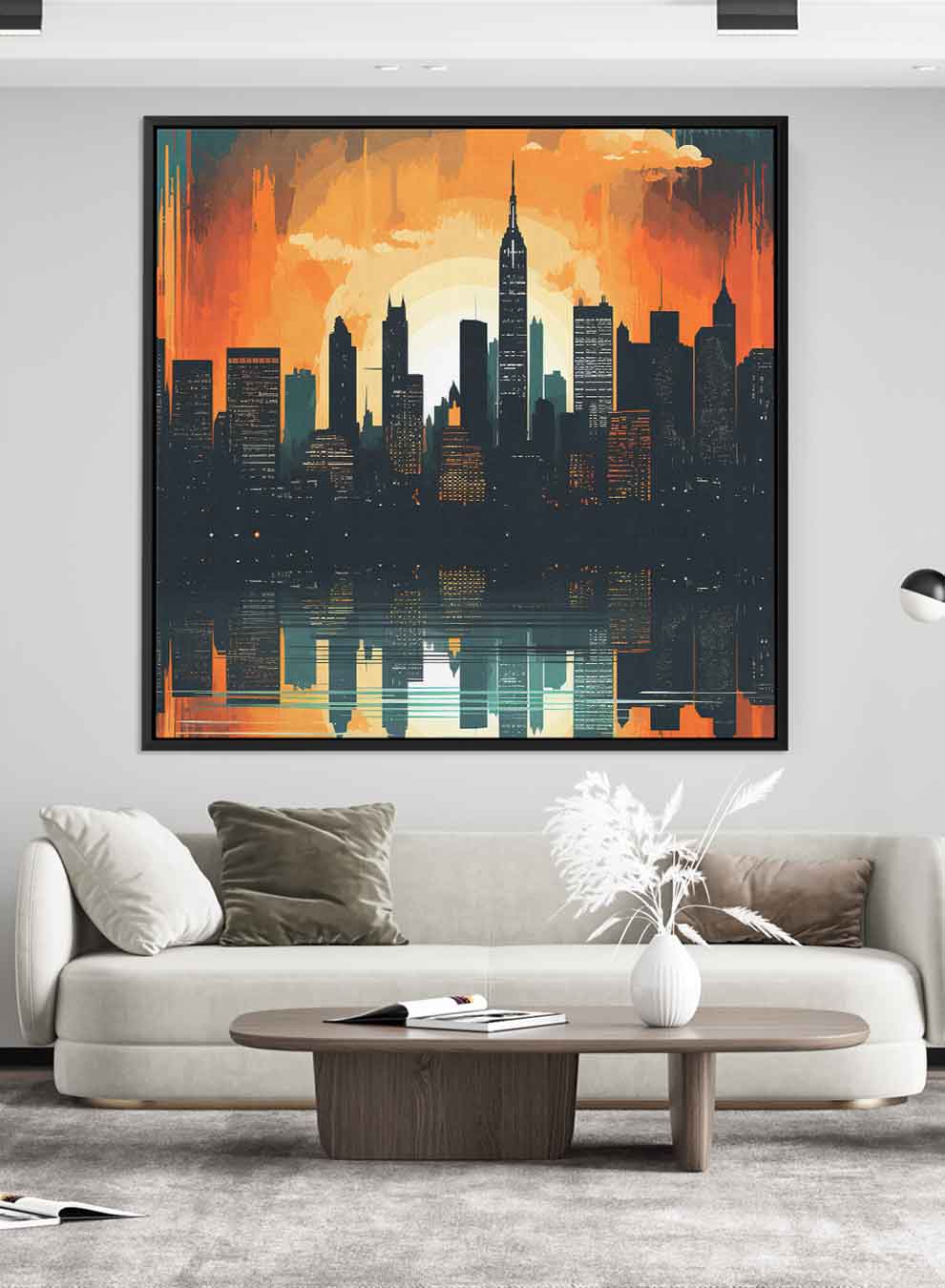 Square Canvas Wall Art Stretched Over Wooden Frame with Black Floating Frame and Sunset On Manhattan Painting Paintings & Pictures| LOWHA