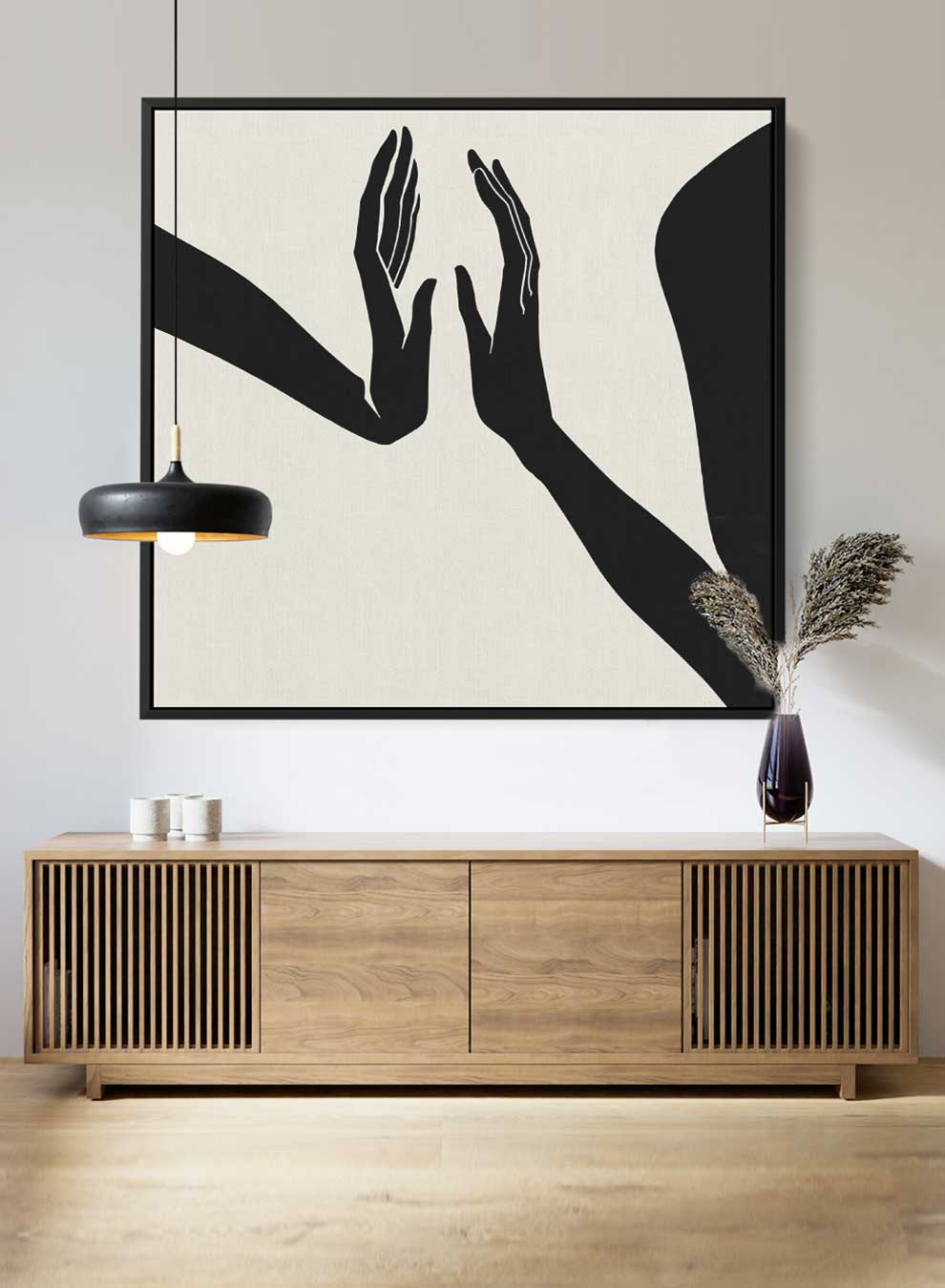Square Canvas Wall Art Stretched Over Wooden Frame with Black Floating Frame and Touching Hands Painting Paintings & Pictures| LOWHA