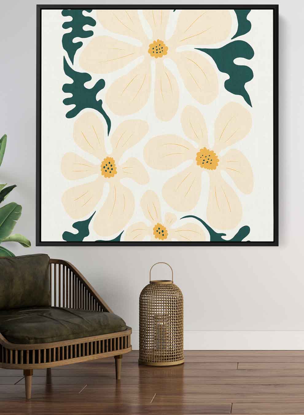 Square Canvas Wall Art Stretched Over Wooden Frame with Black Floating Frame and Trendy Abstract Floral Painting Paintings & Pictures| LOWHA