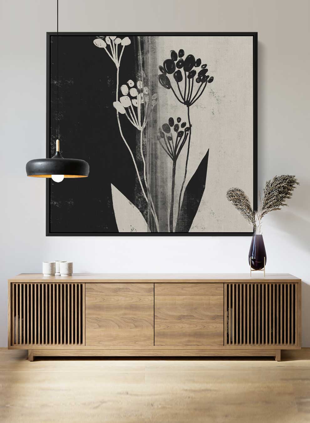 Square Canvas Wall Art Stretched Over Wooden Frame with Black Floating Frame and Wild Plants Painting Paintings & Pictures| LOWHA