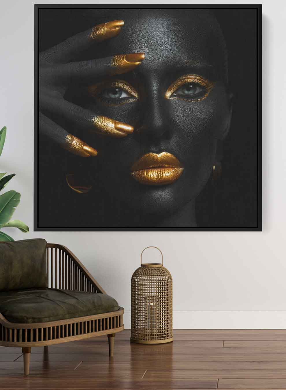 Square Canvas Wall Art Stretched Over Wooden Frame with Black Floating Frame and Woman with Gold Makeup Paintings & Pictures| LOWHA