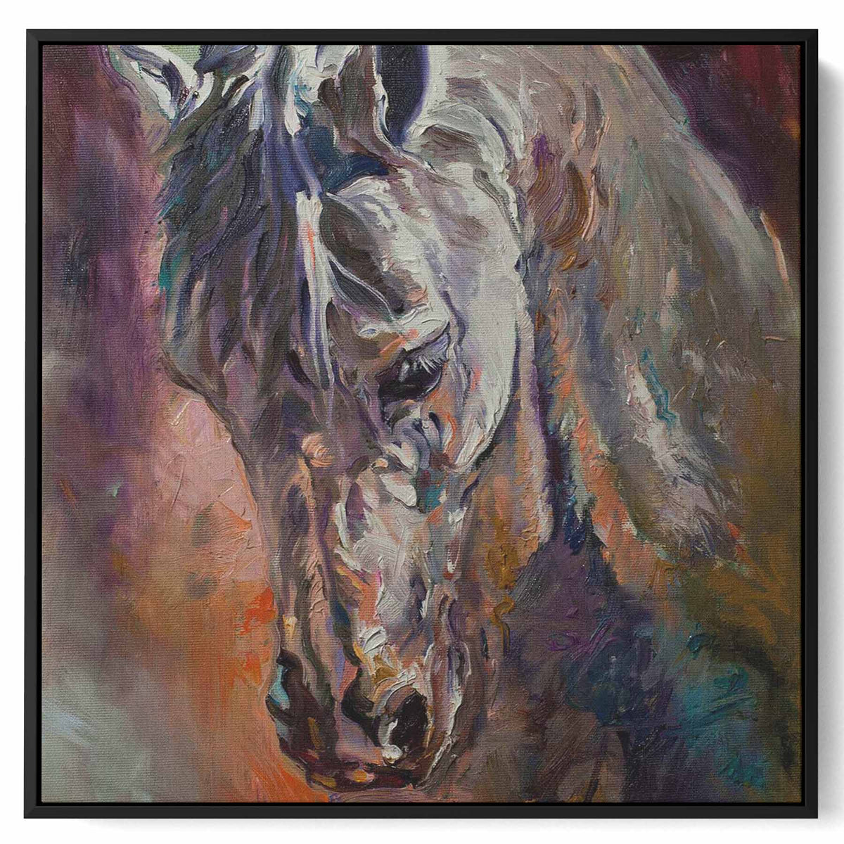 Square Canvas Wall Art Stretched Over Wooden Frame with Brown Floating Frame and Horse Head With Shiny Eyes Painting Paintings & Pictures| LOWHA
