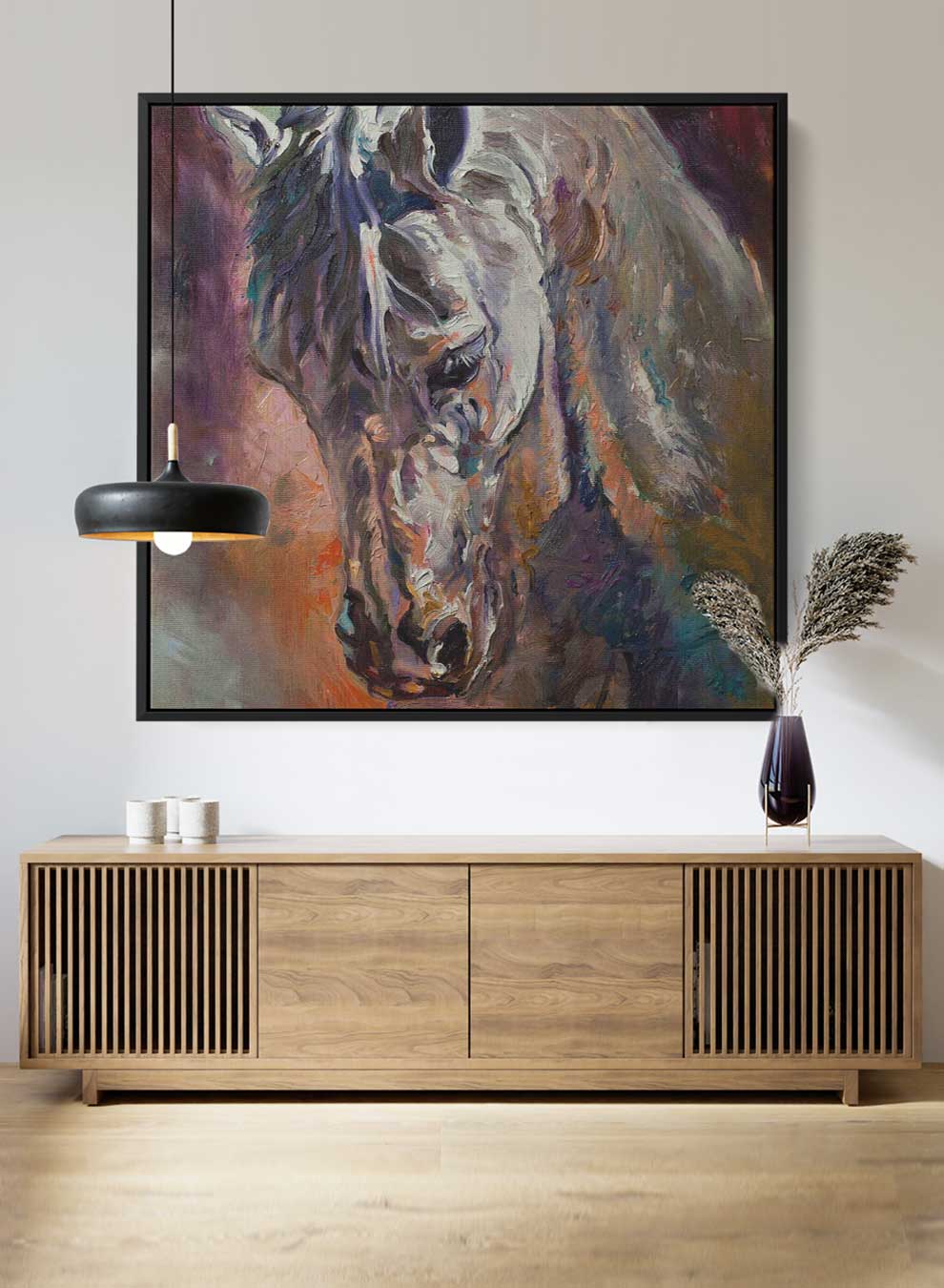 Square Canvas Wall Art Stretched Over Wooden Frame with Brown Floating Frame and Horse Head With Shiny Eyes Painting Paintings & Pictures| LOWHA