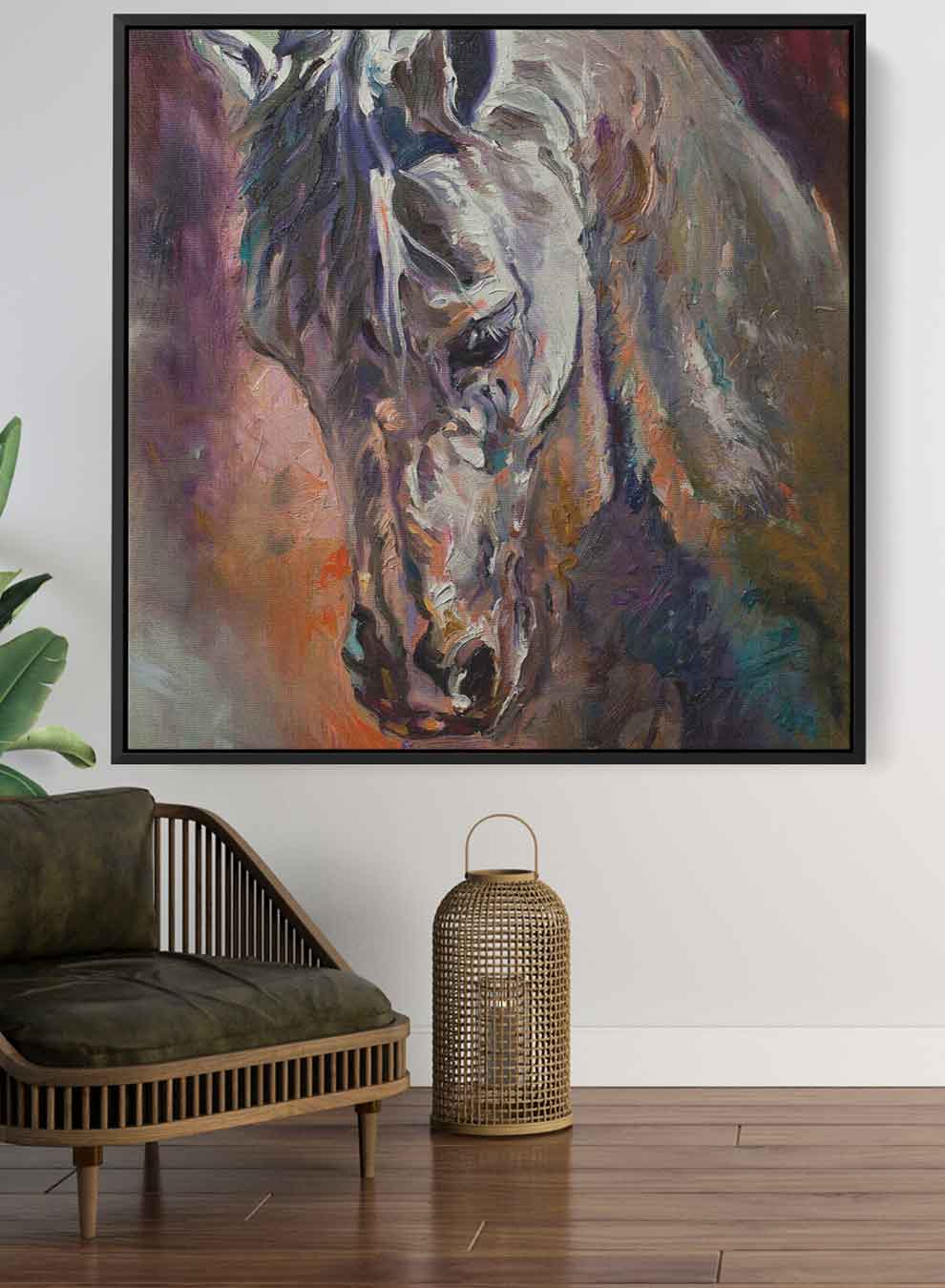 Square Canvas Wall Art Stretched Over Wooden Frame with Brown Floating Frame and Horse Head With Shiny Eyes Painting Paintings & Pictures| LOWHA