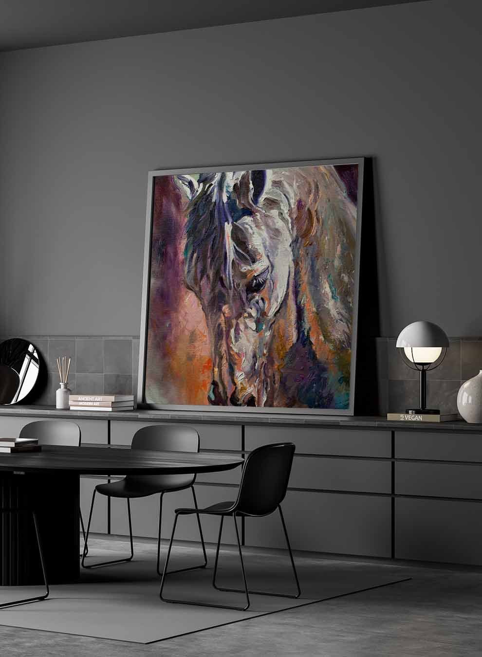 Square Canvas Wall Art Stretched Over Wooden Frame with Brown Floating Frame and Horse Head With Shiny Eyes Painting Paintings & Pictures| LOWHA