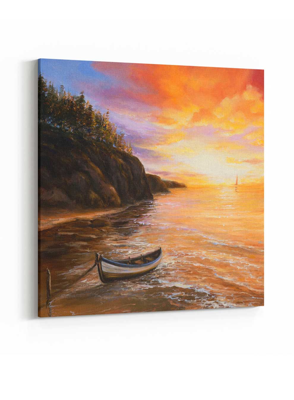 Square Canvas Wall Art Stretched Over Wooden Frame with Gold Floating Frame and Boats In The Ocean Oil Painting Paintings & Pictures| LOWHA