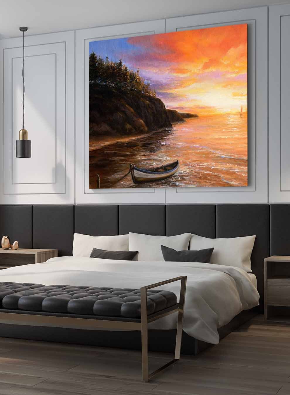 Square Canvas Wall Art Stretched Over Wooden Frame with Gold Floating Frame and Boats In The Ocean Oil Painting Paintings & Pictures| LOWHA