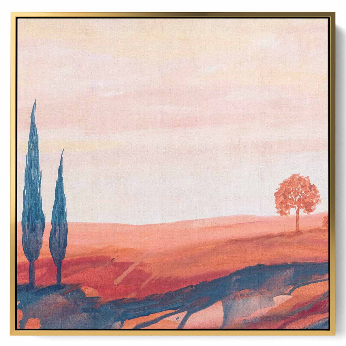 Square Canvas Wall Art Stretched Over Wooden Frame with Gold Floating Frame and Camels Caravan In The Desert Painting Paintings & Pictures| LOWHA