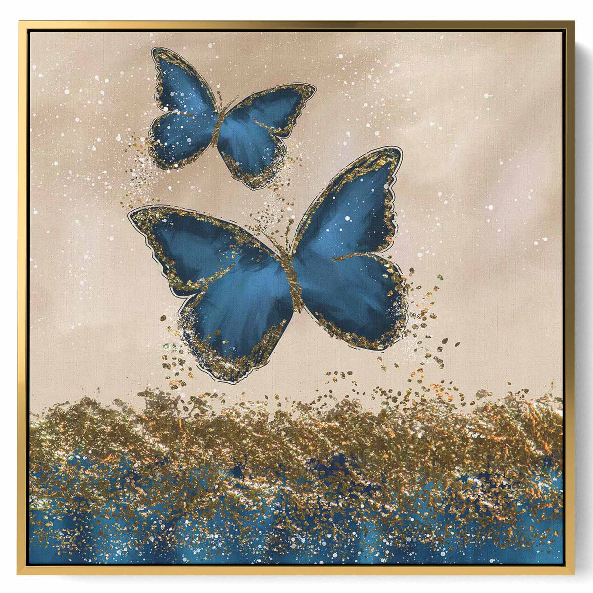 Square Canvas Wall Art Stretched Over Wooden Frame with Gold Floating Frame and Golden Mountains Painting Paintings & Pictures| LOWHA