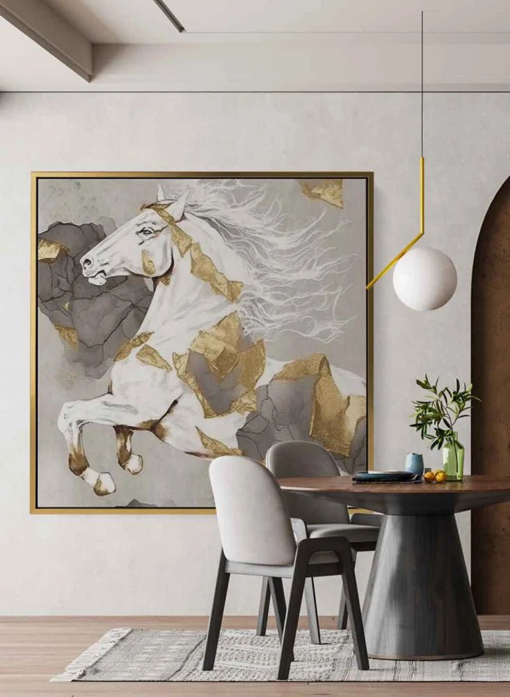 Square Canvas Wall Art Stretched Over Wooden Frame with Gold Floating Frame and Legendary Horse Oil Painting Paintings & Pictures| LOWHA