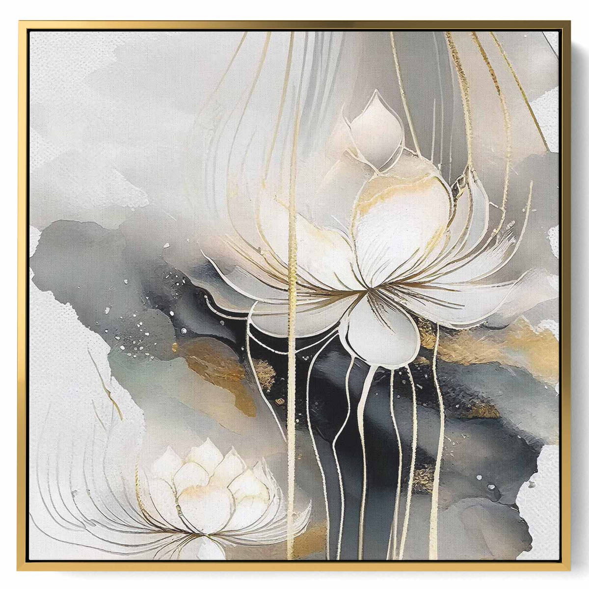Square Canvas Wall Art Stretched Over Wooden Frame with Gold Floating Frame and Luxury Flowers Art Painting29 Paintings & Pictures| LOWHA