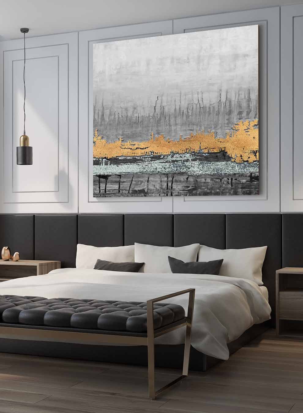 Square Canvas Wall Art Stretched Over Wooden Frame with Gold Floating Frame and Mesmerizing Landscape Painting Paintings & Pictures| LOWHA