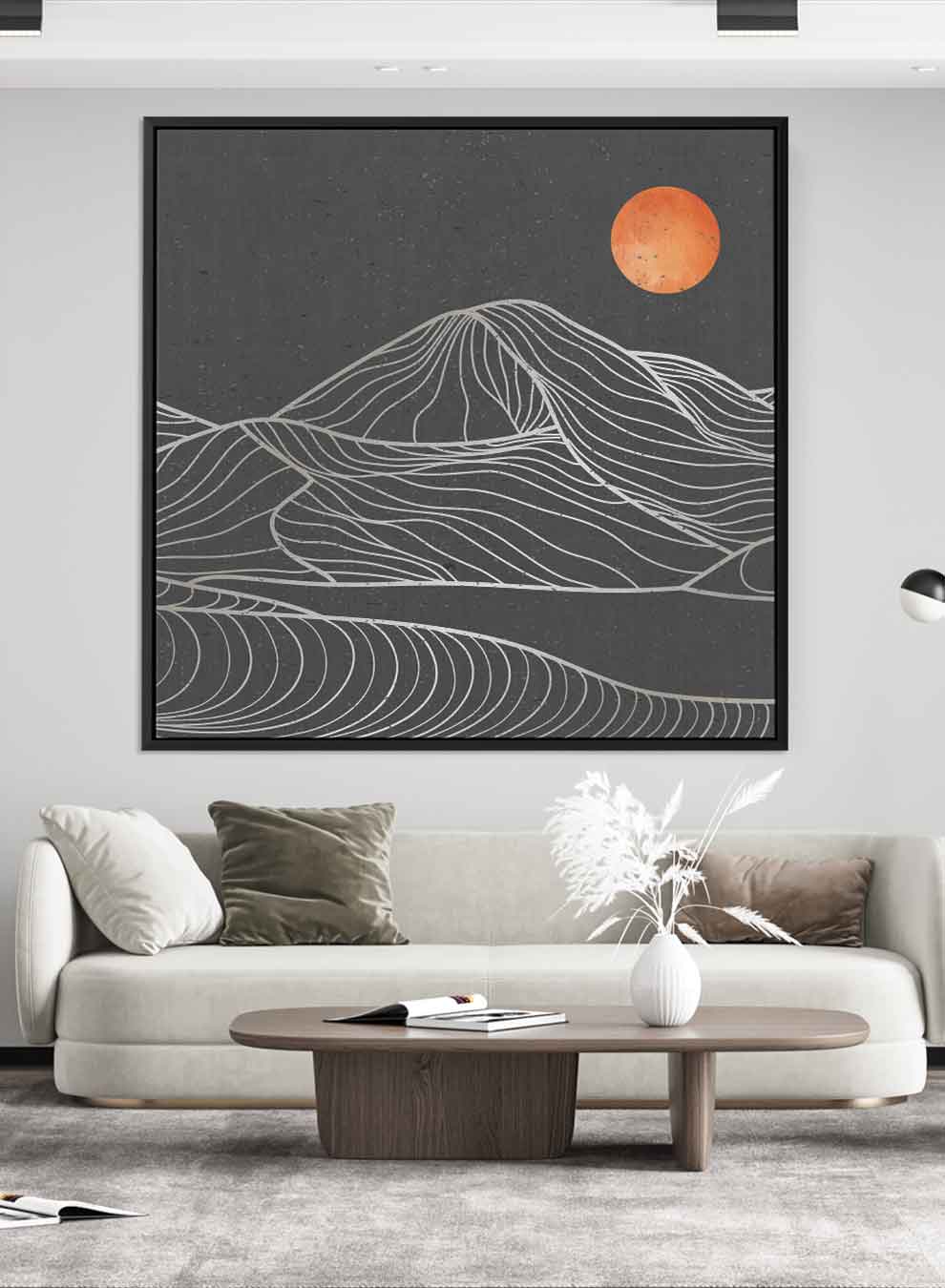 Square Canvas Wall Art Stretched Over Wooden Frame with Gold Floating Frame and Moon On Mountains Painting Paintings & Pictures| LOWHA