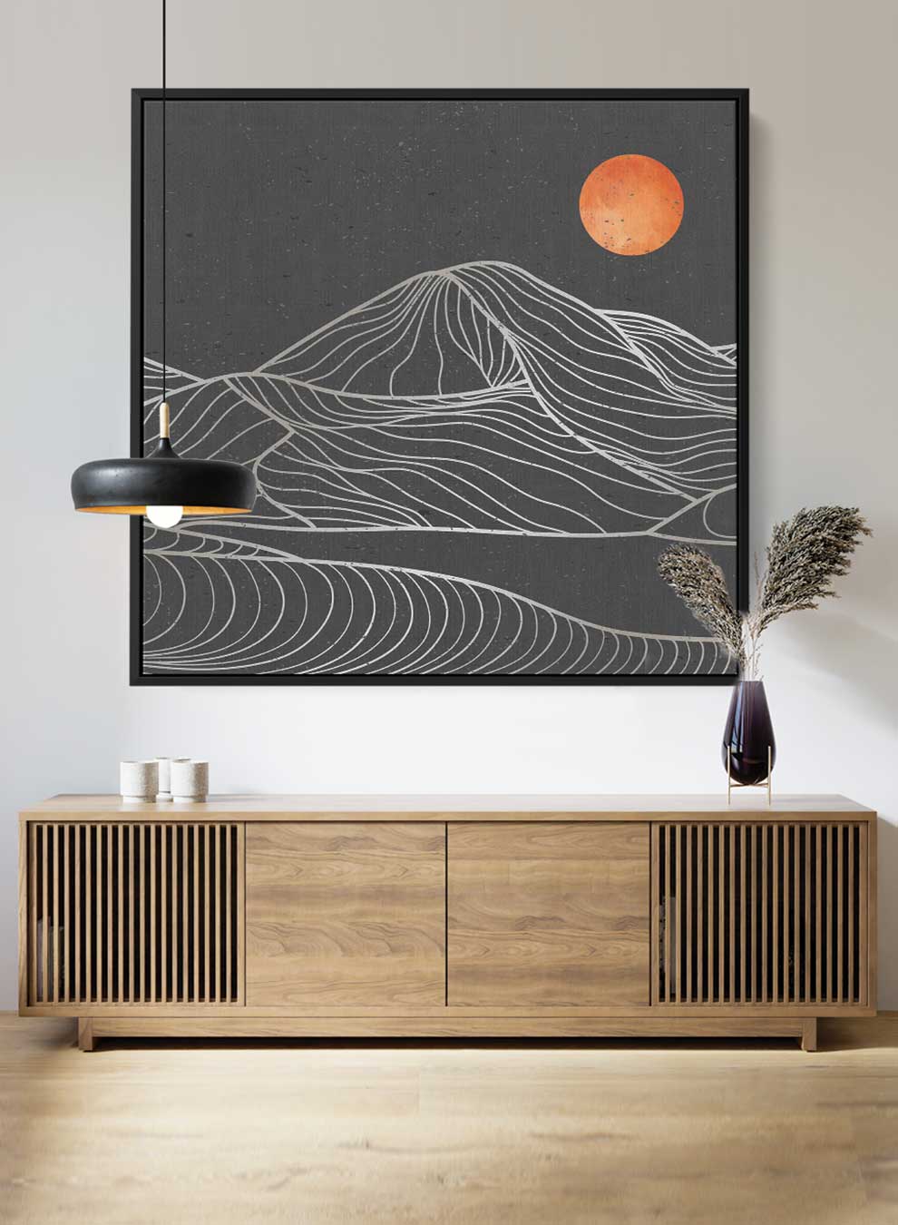 Square Canvas Wall Art Stretched Over Wooden Frame with Gold Floating Frame and Moon On Mountains Painting Paintings & Pictures| LOWHA