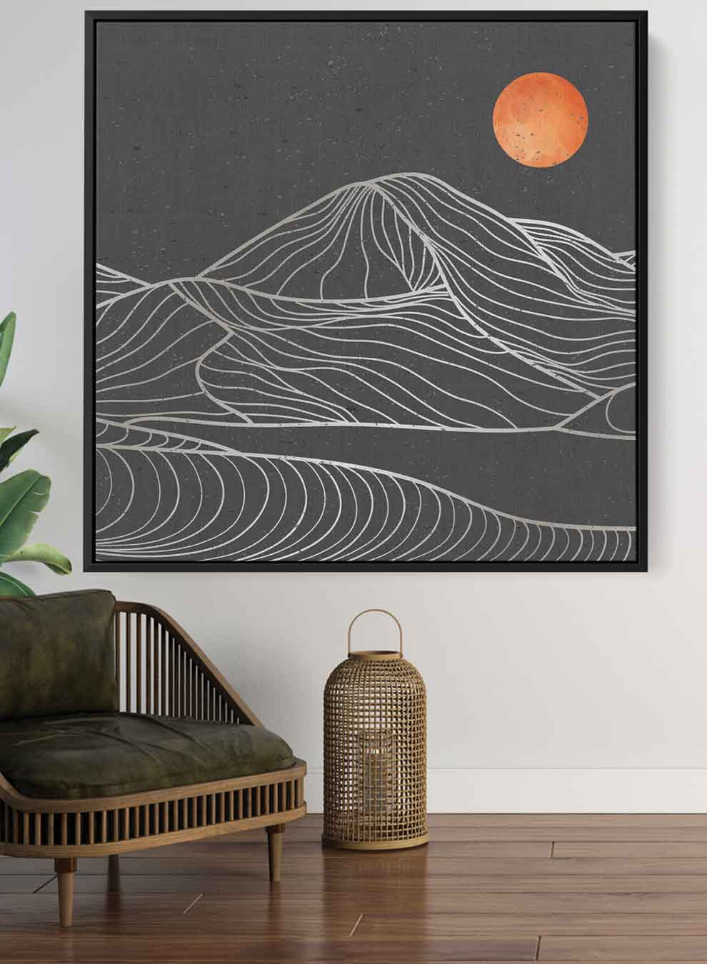 Square Canvas Wall Art Stretched Over Wooden Frame with Gold Floating Frame and Moon On Mountains Painting Paintings & Pictures| LOWHA